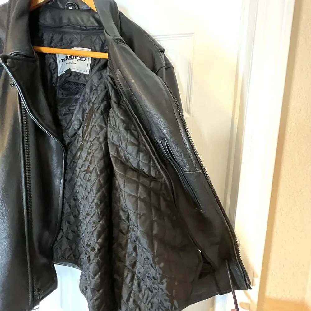 UNIK Premium Mens Heavy Black Leather Motorcycle Jacket Size 48‎ Cross Zip Liner